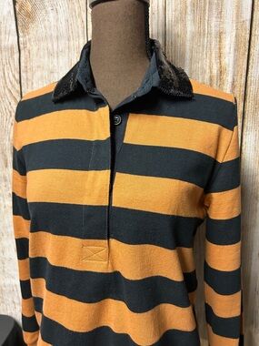 J. Crew womens Striped Rugby top in Black and Orange w/sequin collar